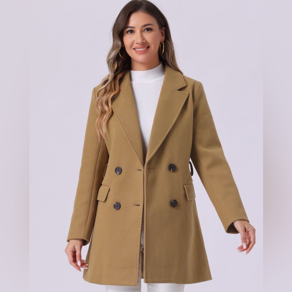 Allegra K Camel Colored Notch Lapel Belted Mid Long Outwear Winter Coat Size XL